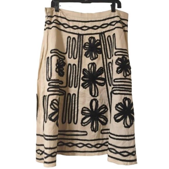 Cottage Core 90's Linen Beige Black Embroidered A-Line Boho Skirt 14 Festival - Picture 11 of 11
